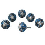 Ceramic cabinet knobs, 'Charming Blue Flowers' (set of 6) - Ceramic Cabinet Knobs Floral Blue and White (Set of 6) India