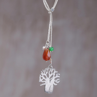 Multi-gemstone long pendant necklace, 'Colorful Banyan' - Handcrafted Cultured Pearl Carnelian Quartz Pendant Necklace