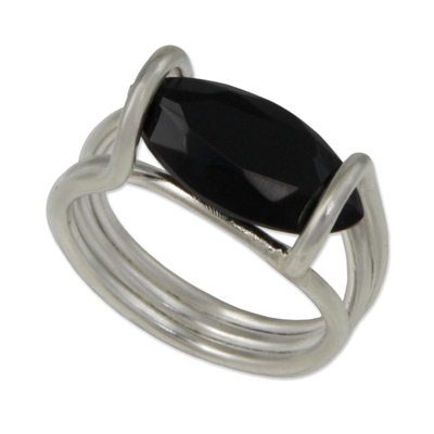 Onyx single-stone ring, 'Modern Marquise' - Onyx and Sterling Silver Single Stone Ring from Brazil