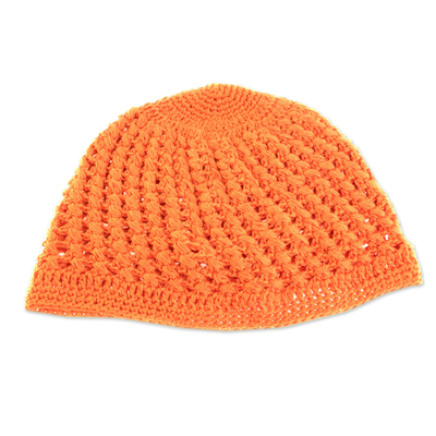 Cotton hat, 'Fresh Tangerine' - Crocheted Cotton Hat in Tangerine from Guatemala