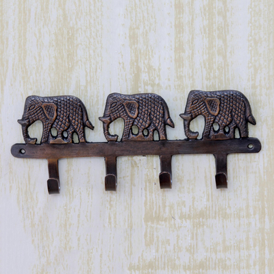 Brass key holder, 'Adventurous Elephants' - Key Holder Antiqued Elephants on Copper Plated Brass