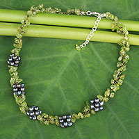 Cultured pearl and peridot beaded necklace, 'Heaven's Gift' - Handmade Pearl and Peridot Beaded Necklace