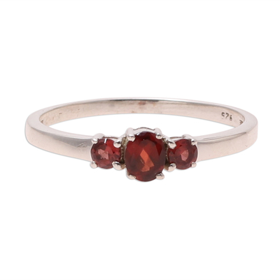 Garnet 3 stone ring, 'Passion's Glow' - Garnet Ring India Birthstone Jewelry