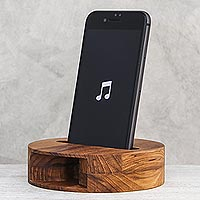 Teak wood phone speaker, 'Modern Sound' - Round Teak Wood Phone Speaker from Thailand