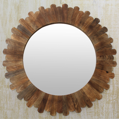Wood wall mirror, 'Earthen Halo' - Fair Trade Round Wall Mirror Hand Crafted from Mango Wood