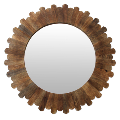 Wood wall mirror, 'Earthen Halo' - Fair Trade Round Wall Mirror Hand Crafted from Mango Wood