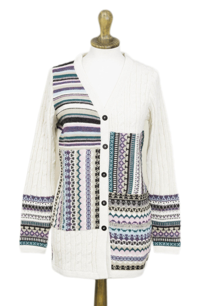 Ivory and Multi-Color Patchwork 100% Alpaca Knit Cardigan
