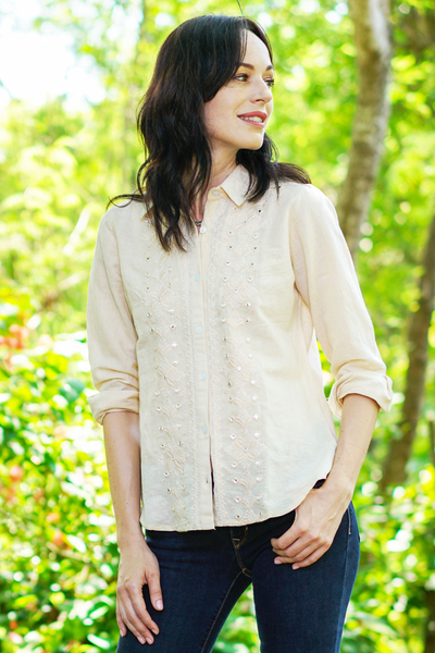 Cotton and linen blend tunic, 'Glimmering Elegance' - Embroidered Cotton and Linen Blend Tunic with Mirror Accents