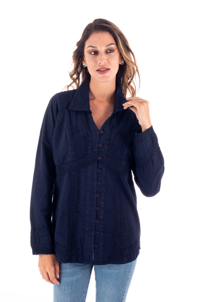 Cotton blouse, 'Lily of Incas in Navy' - Lily of the Incas Button-front Navy Blue Blouse