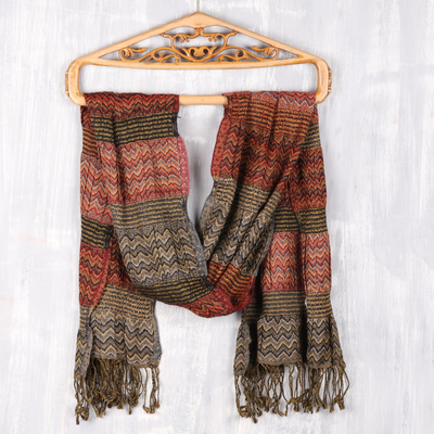 Wool scarf, 'Autumn Waves' - Wave Pattern Wool Scarf from India