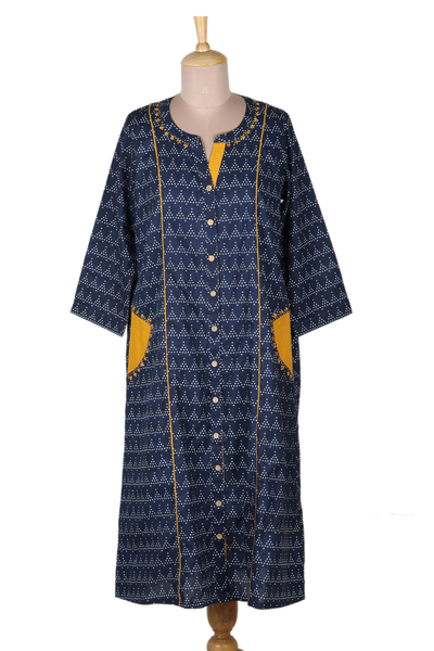 Cotton shirtdress, 'Pyramid Fantasy' - Navy Blue Print Cotton Shirtdress from India