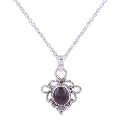 Garnet pendant necklace, 'Pavilions of Jaipur' - Indian Handmade Garnet and Sterling Silver Pendant Necklace