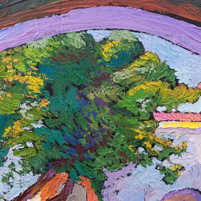 'Feigenbaumlandschaft' - Impressionistisches Gemälde eines Feigenbaums in einer Stadt aus Peru