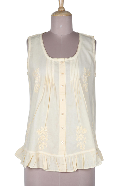 Cotton blouse, 'Morning Sunlight' - Pintucked Sleeveless Cotton Blouse in Yellow