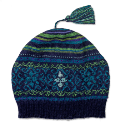 100% alpaca hat, 'Blue Turquoise' - Blue and Green Knit 100% Alpaca Hat from Peru