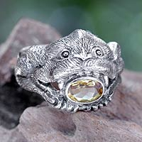 Citrine cocktail ring, 'Monkey Glam' - Silver and Citrine Monkey Theme Ring