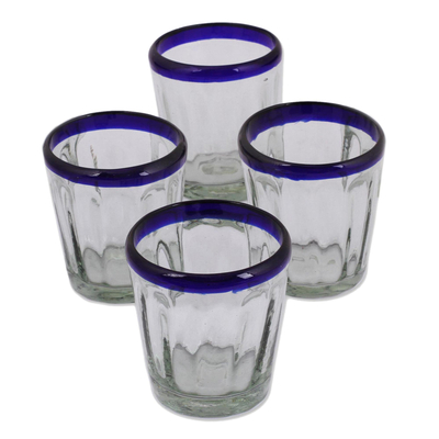 Juice glasses, 'Short Cobalt Groove' (set of 4) - Hand Blown Juice Glasses Set of 4 Blue Rim Mexico