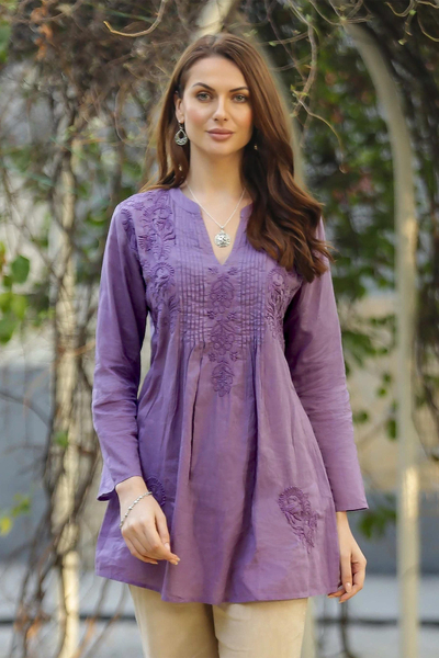 Embroidered cotton tunic, 'Lilac Garden' - Hand Embroidered Lilac Cotton Tunic from India