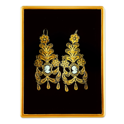 Gold plated filigree cameo chandelier earrings, 'Andean Beauty' - Cameo Chandelier Earrings in Gold Filigree