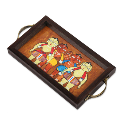 Glass tray, 'Bengali Men in Brown' - Bengali Drummer Painting on Brown Serving Tray