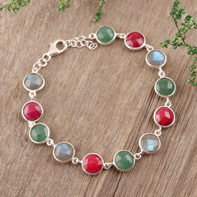 Multi-gemstone link bracelet, 'Round Glitter' - 24-Carat Multi-Gemstone Link Bracelet from India