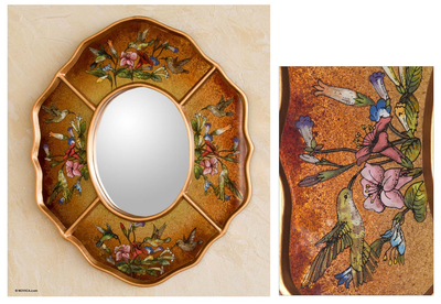 Reverse painted glass mirror, 'Ochre Hummingbirds' - Reverse painted glass mirror
