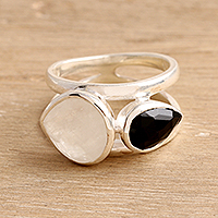 Rainbow moonstone and onyx cocktail ring, 'Teardrop Union' - Rainbow Moonstone and Onyx Teardrop Cocktail Ring from India