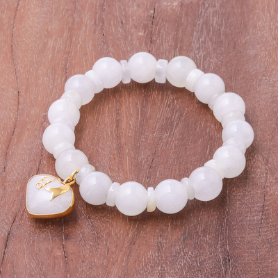 Gold accented quartz beaded stretch bracelet, 'Purest Heart' - Gold Accented Quartz Beaded Heart Bracelet from Thailand