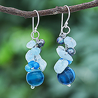 Pearl and aquamarine cluster earrings, 'Blue Love' - Unique Pearl and Aquamarine Cluster Earrings