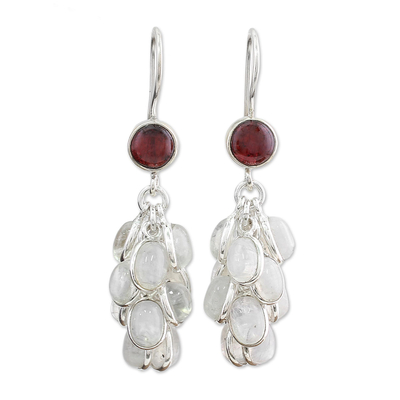 Rainbow moonstone and garnet dangle earrings, 'Jaipur Melody' - Rainbow Moonstone and Garnet Earrings Artisan Jewelry