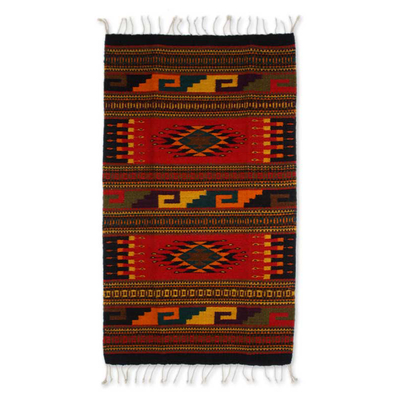 Tapete de lana zapoteca, (2x3.5) - Alfombra de lana mexicana geométrica hecha a mano (2x3.5)