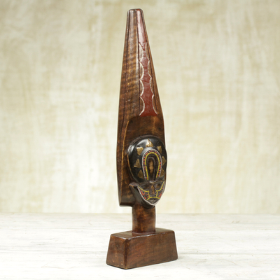 African wood sculpture, 'Ntiase' - Ghanaian Sese Wood Sculpture with Brass and Bead Accents