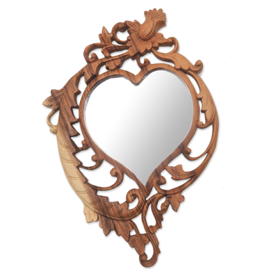 Wood wall mirror, 'Lotus Heart' - Heart-Shaped Floral Pattern Wood Wall Mirror from Bali