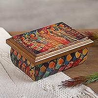 Decoupage jewelry box, 'Huichol Women' - Huichol Women on Wood Decoupage Jewelry Box with Mirror