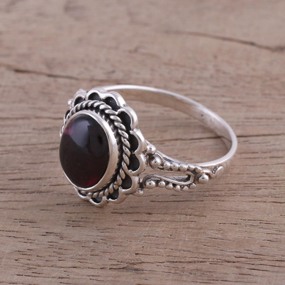 Garnet cocktail ring, 'Red Gloss' - Garnet and Sterling Silver Cocktail Ring from India