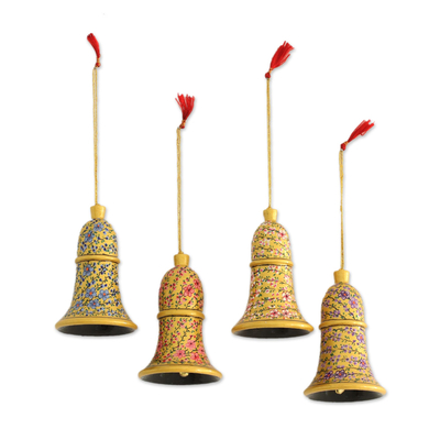 Papier mache ornaments, 'Floral Chimes' (set of 4) - Papier Mache Floral Bell Ornaments (Set of 4) from India