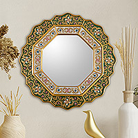Reverse painted glass mirror, 'Green Star' - Green Floral Fair Trade Reverse Painted Glass Wall Mirror