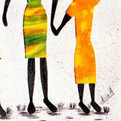 Cotton batik wall art, 'Working Together' - Folk Art Painting from Africa