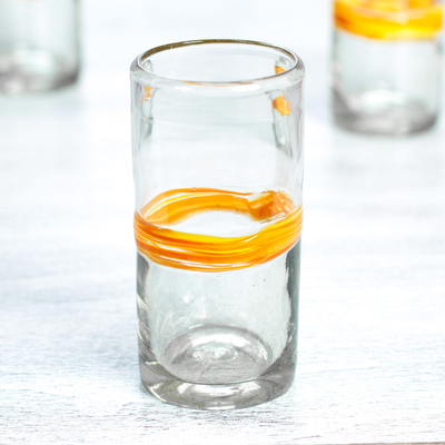 Blown glass highball, 'Ribbon of Sunshine' (set of 5) - Set of 5 Blown Recycled Glass Tumblers with Orange Stripe