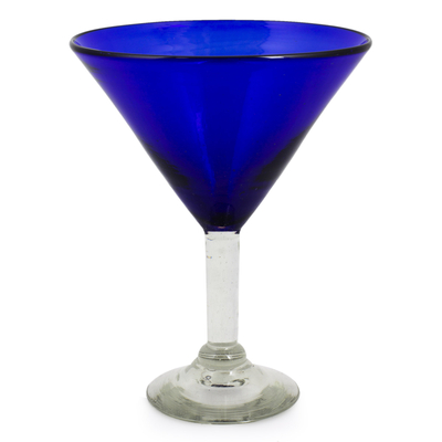 Blown glass martini glasses, 'Sapphire Blue' (set of 4) - Handblown Glass Recycled Martini Drinkware (Set of 4)