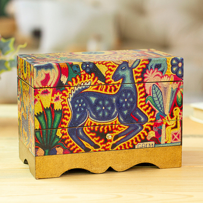 Decoupage jewelry box, 'Kawuyumaire Guardian' - Huichol Deer on Decoupage Wood Jewelry Box
