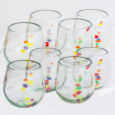 Recycled glass stemless wine glasses, 'Happy Trails' (set of 8) - Hand Blown Recycled Colorful Dot Stemless Glasses (Set of 8)