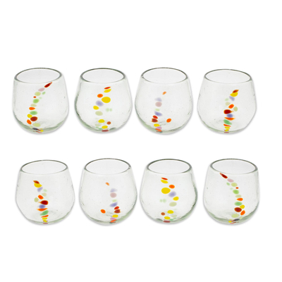 Recycled glass stemless wine glasses, 'Happy Trails' (set of 8) - Hand Blown Recycled Colorful Dot Stemless Glasses (Set of 8)