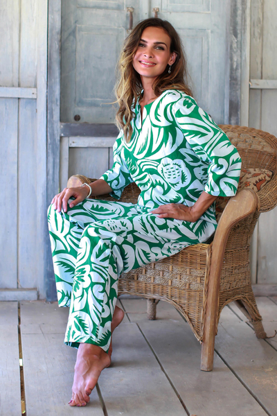 Pyjama aus Baumwolle - Baumwollpyjama mit Blumenmotiv in Smaragd aus Bali