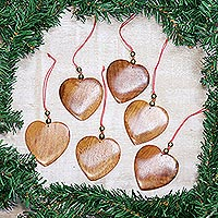 Wood ornaments, 'Festive Hearts' (set of 6) - Wood ornaments (Set of 6)