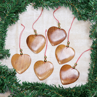 Wood ornaments, 'Festive Hearts' (set of 6) - Wood ornaments (Set of 6)