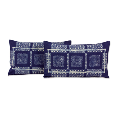 Cotton cushion covers, 'Blue Hmong Windows' (pair) - Set of 2 Elongated Hill Tribe Cotton Batik Cushion Covers