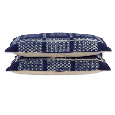 Cotton cushion covers, 'Blue Hmong Windows' (pair) - Set of 2 Elongated Hill Tribe Cotton Batik Cushion Covers