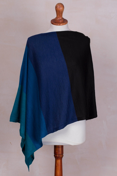 100% baby alpaca poncho, 'Gem of the Andes' - Black, Blue and Green 100% Baby Alpaca Knit Poncho from Peru