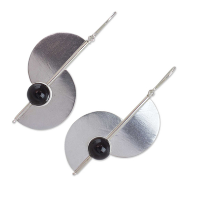 Onyx dangle earrings, 'Two Moons' - Modern Geometric Sterling Silver and Onyx Hook Earrings